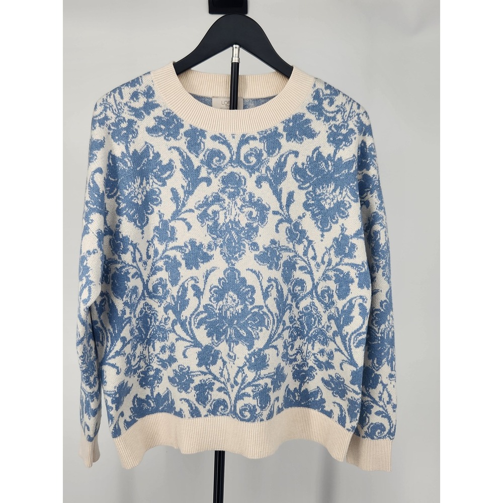 Loft Outlet Blue Cream Damask Floral Crewneck Sweater Medium RN140923